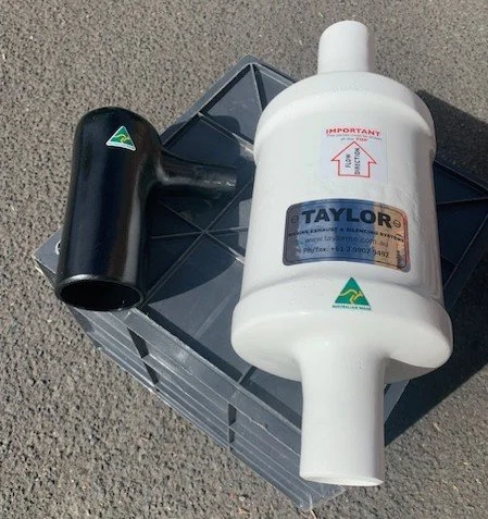 Taylor Marine Exhaust inline silencer manufactured to suit custom vessel layout.