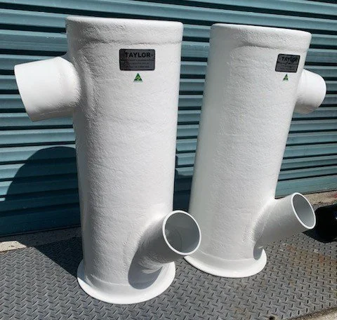 Twin custom project manufactured in premium vinyl ester composite for a commercial marine application requiring a tailored exhaust arrangement and long-term reliability.