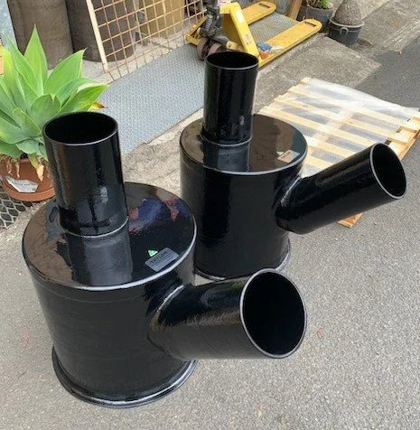 Premium composite water lift muffler manufactured for marine exhaust installations.