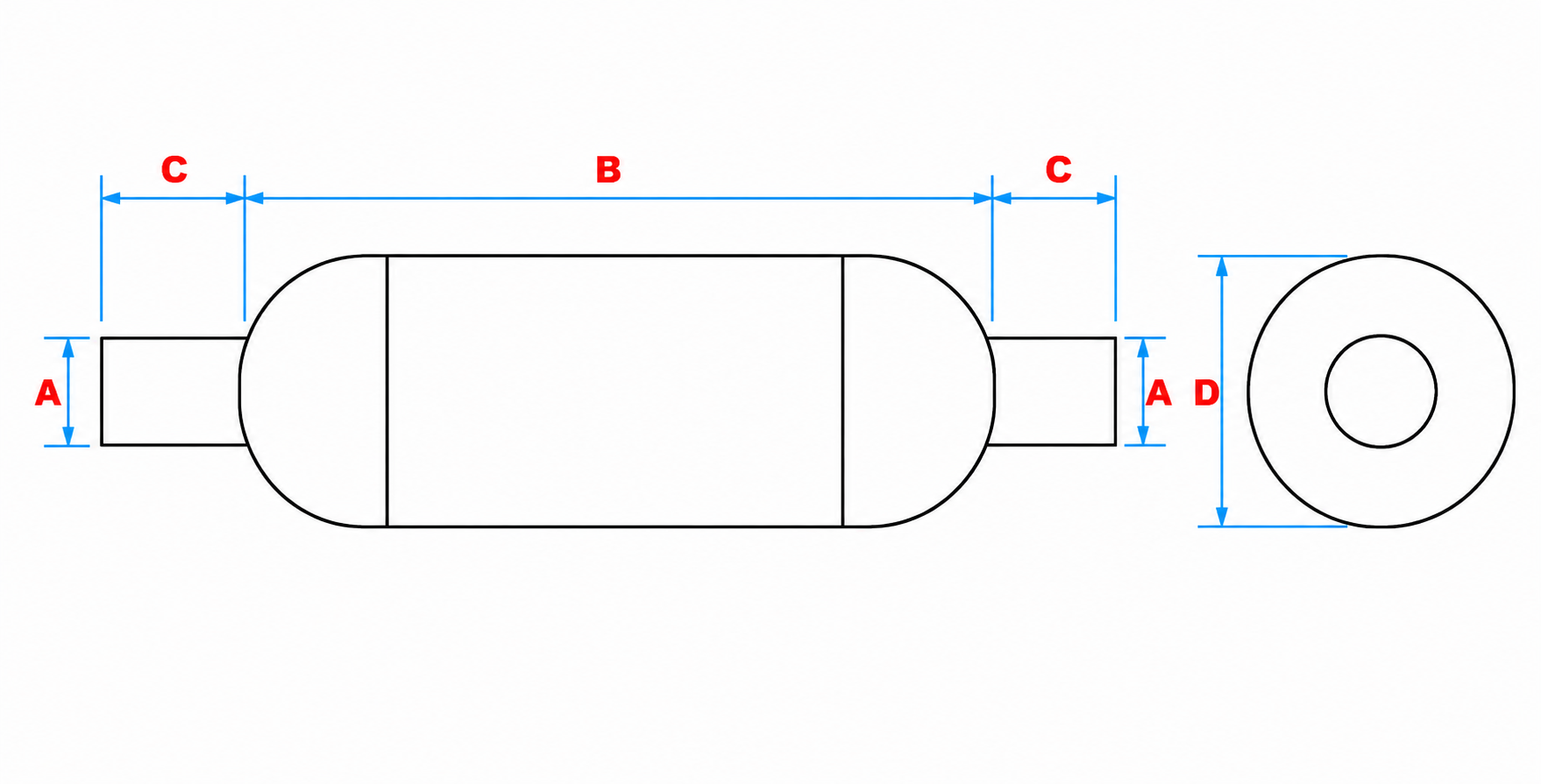 Technical drawing showing dimensions of a Taylor Marine Exhaust inline silencer.