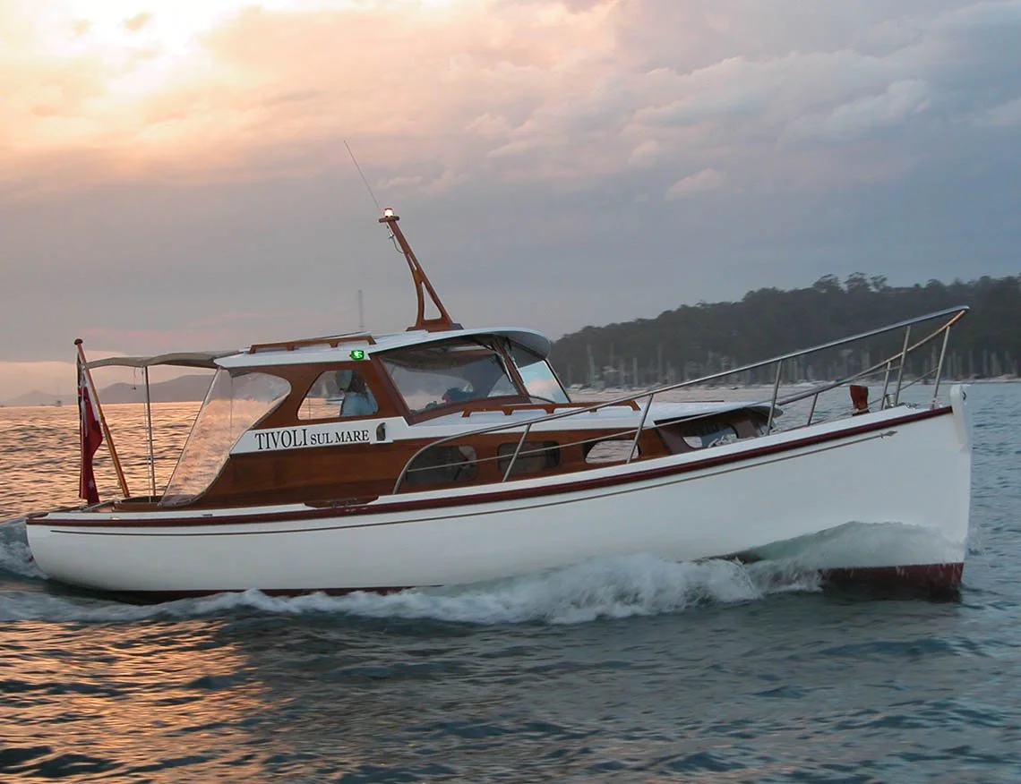 Taylor Marine Exhaust system supplied for a classic timber cruiser combining traditional craftsmanship with modern marine engineering.