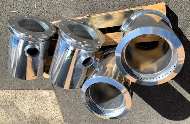 Stainless steel marine exhaust adaptors and flanges manufactured by Taylor Marine Exhaust.