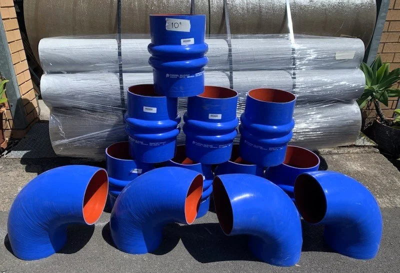 Marine exhaust accessories including bends, reducers and tubing for wet exhaust systems.