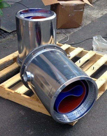 Precision fabricated stainless steel exhaust mixer manufactured for marine engines.