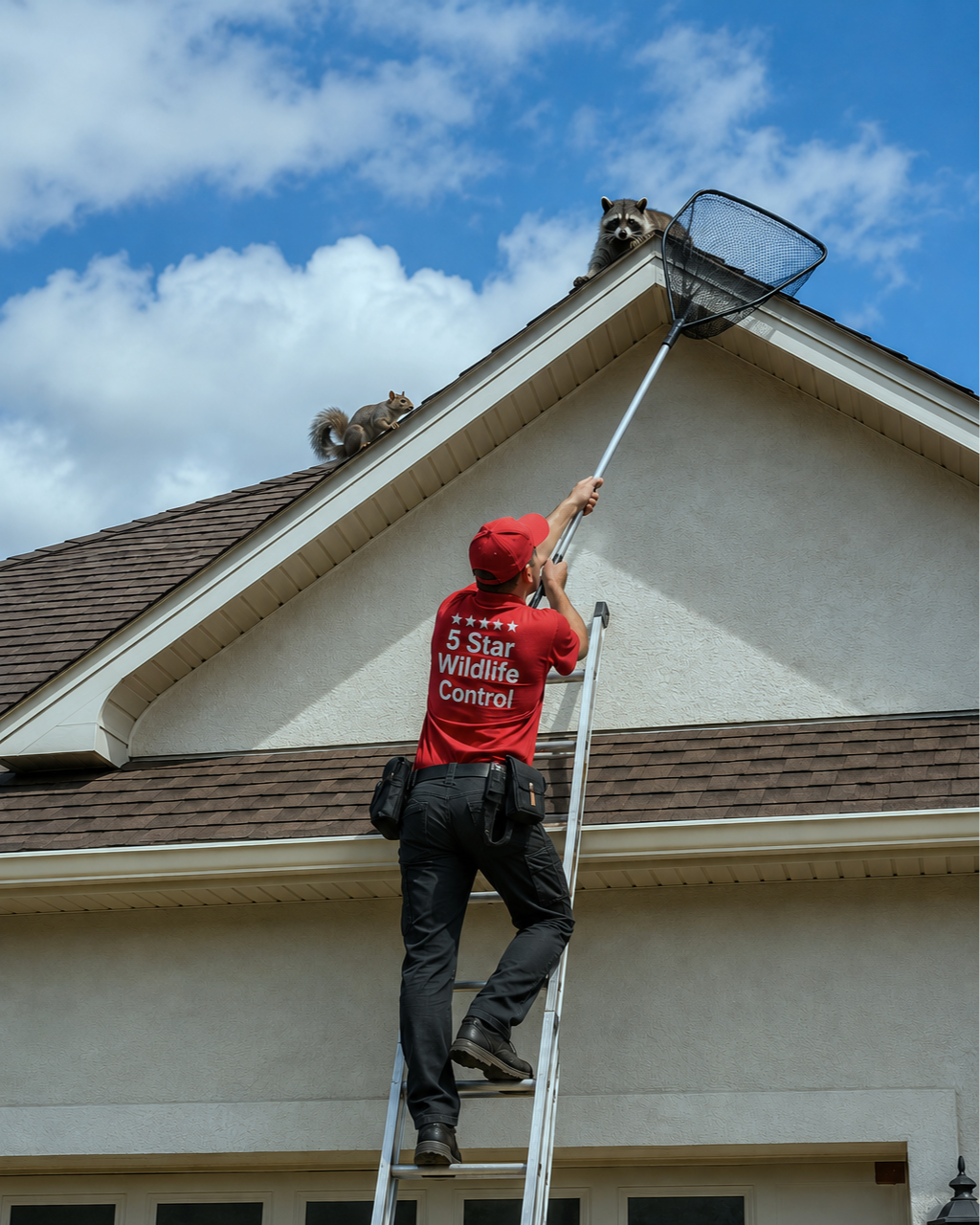 A pest control technician on a ladder reaching for raccoons on a house roof, with a net in hand. One raccoon is near the edge, and another is on the roof.