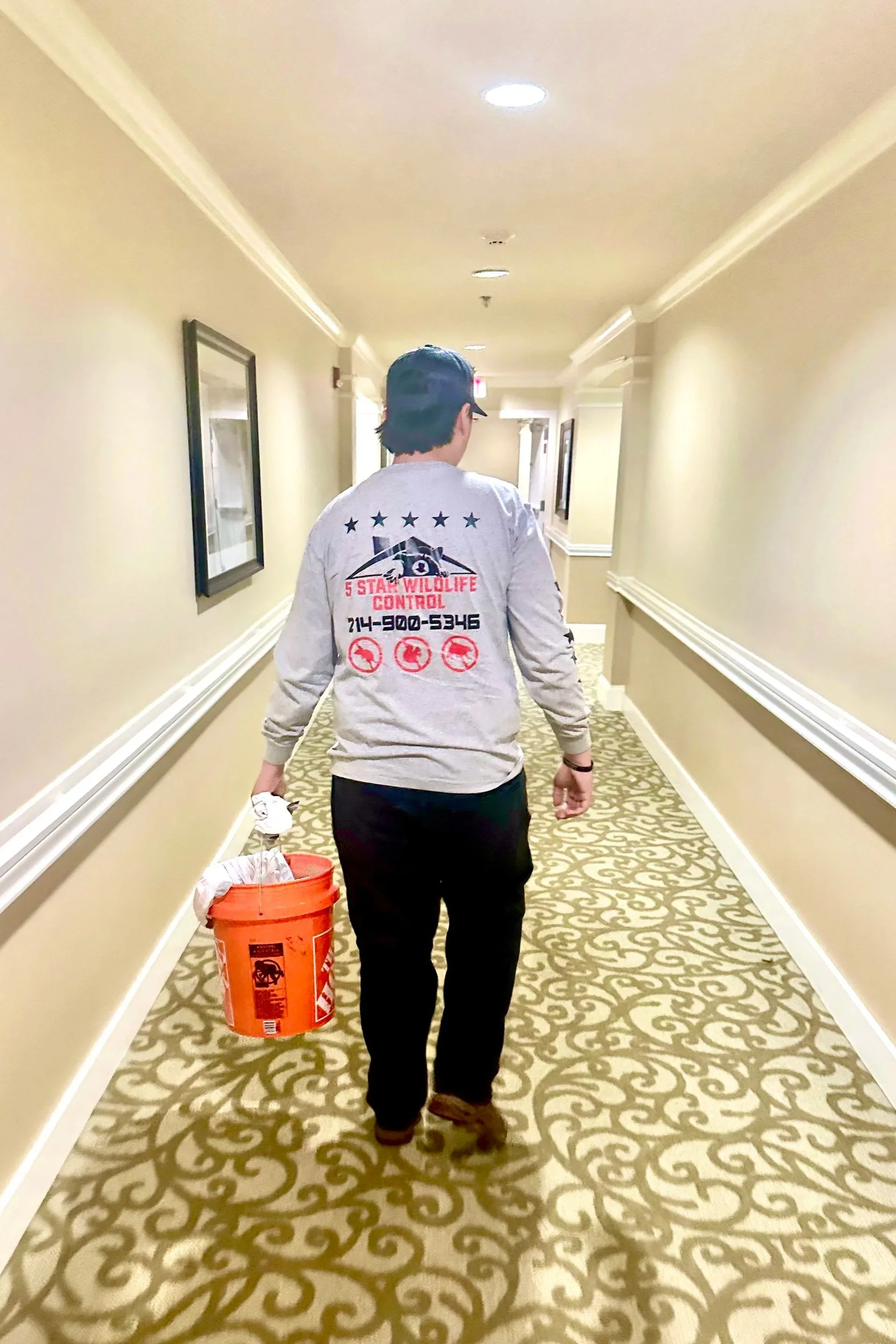 A wildlife control and removal company walking down the hallway at a job site checking traps