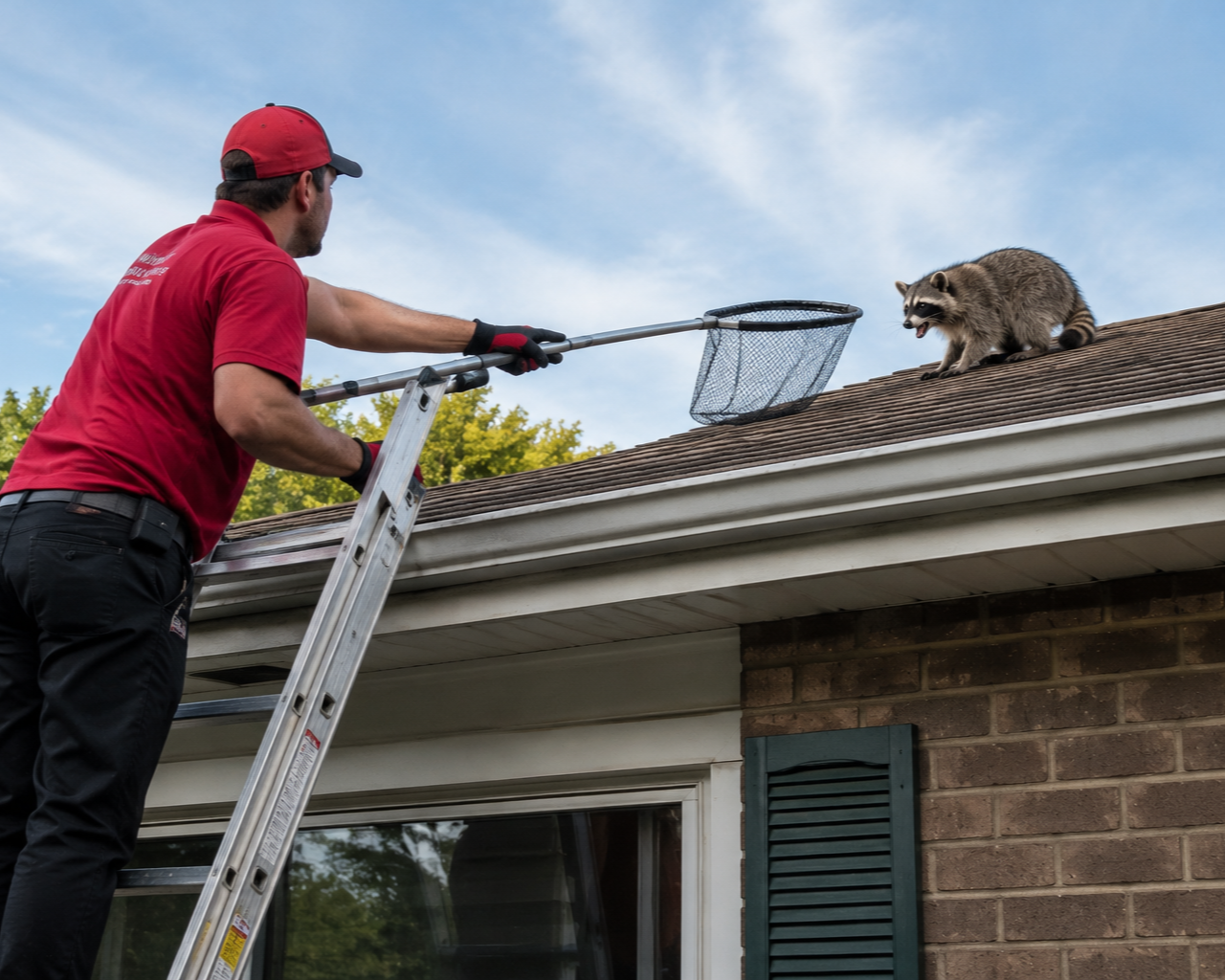 A man in a red shirt and cap on a ladder trapping a raccoon on a house roof with a net.