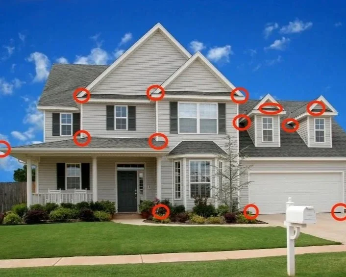 a two story house with red circles to highlight possible wildlife intrusions on the home