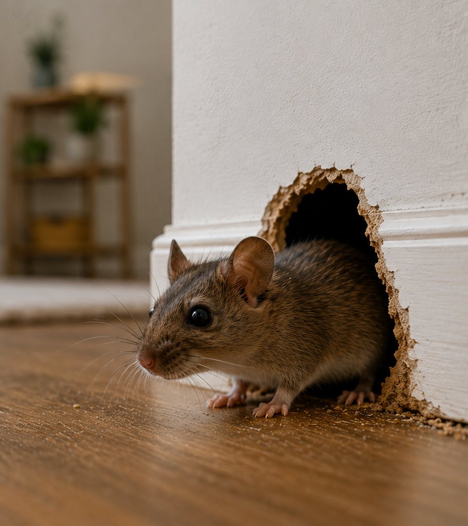 Close-up of a small brown mouse emerging from a hole in a white wall with a wooden floor, with a blurred background of a wooden shelf with potted plants.