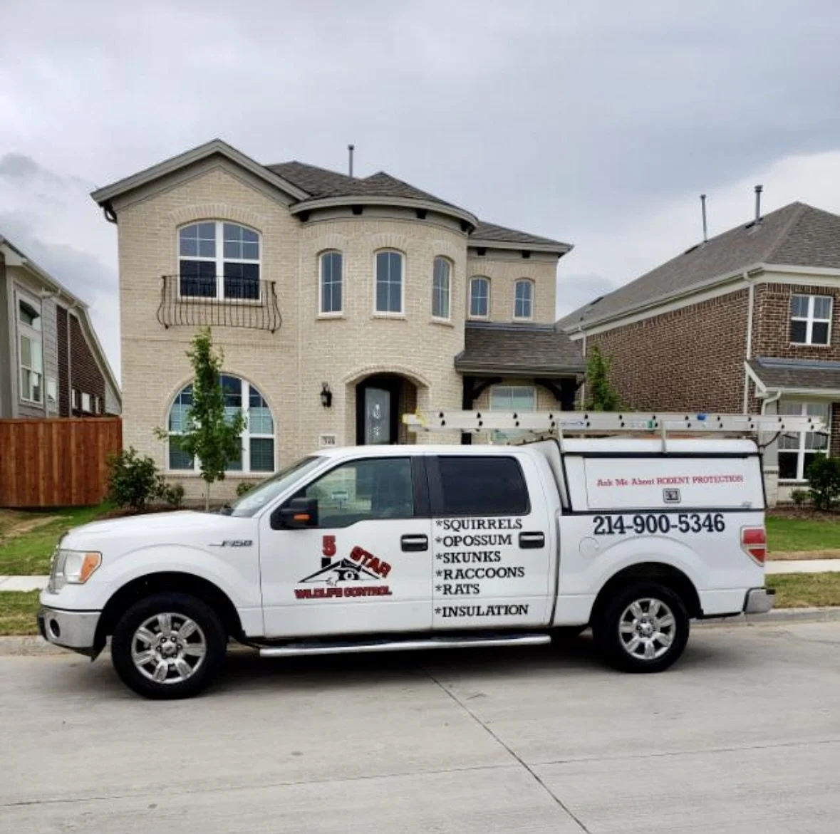 White pest control truck parked in front of a two-story house, displaying services for squirrels, opossum, skunks, raccoons, rats, and insulation, with a company logo and contact number.