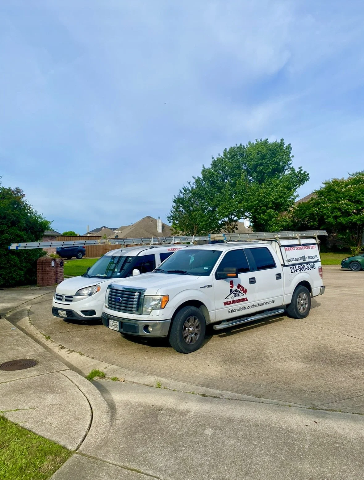 Two white service trucks parked on a driveway, with equipment on top, and houses with trees and a blue sky in the background.