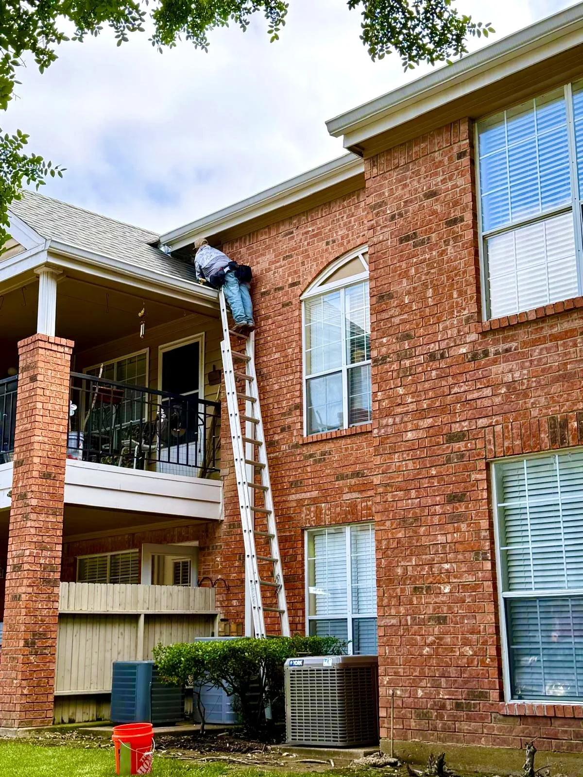 A wildlife control and removal company trained technician on a ladder reinforcing hole the roof of a two-story brick house with large windows, a small porch, and outdoor air conditioning units below.