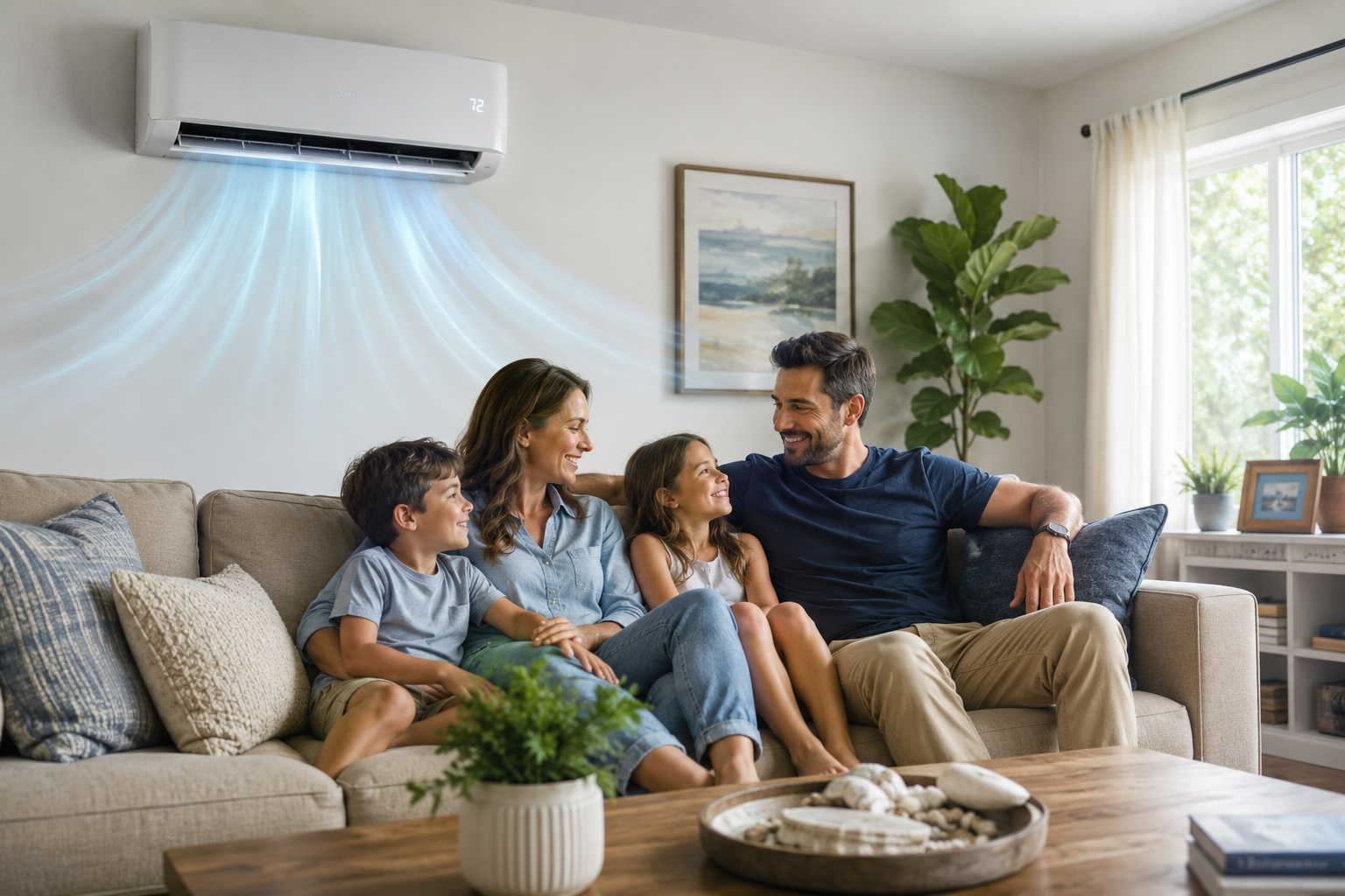Family sitting on a sofa with a cool breeze from an air conditioner, smiling and enjoying each other.