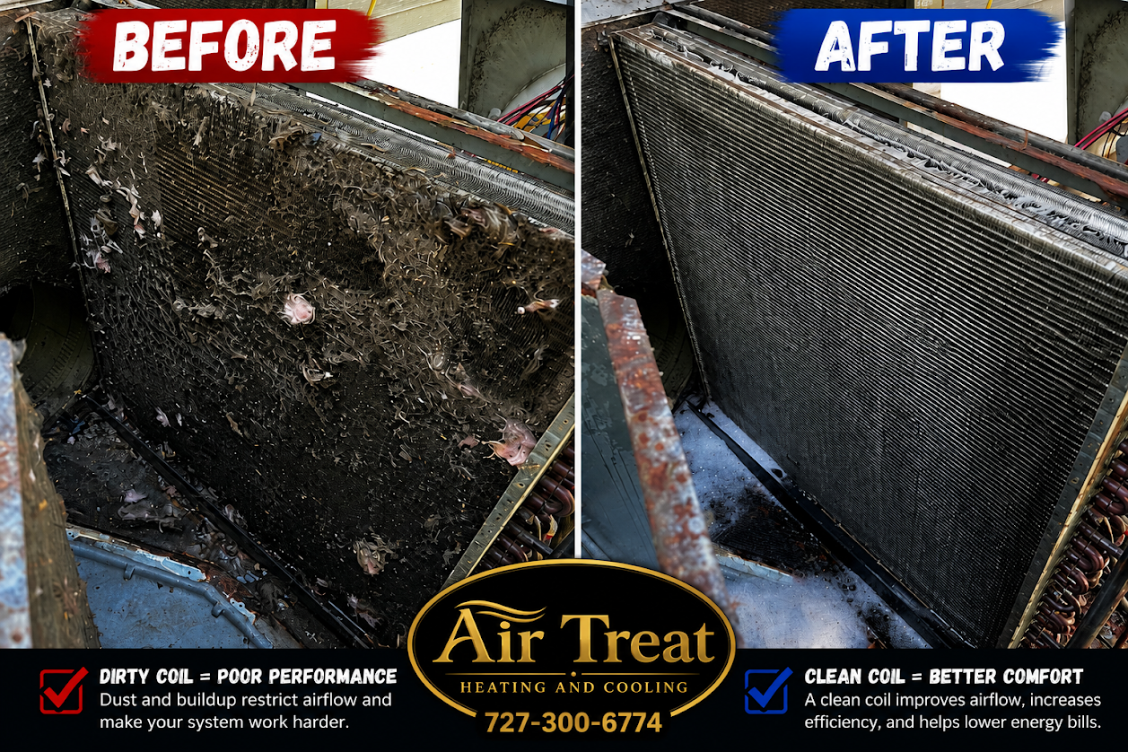 Comparison of an air conditioning radiator coil before and after cleaning. The 'before' side shows a heavily dirty, clogged coil covered in debris and dirt, while the 'after' side shows a clean, shiny coil with improved airflow.