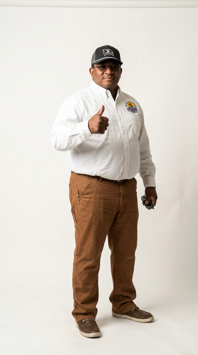 A man wearing a white button-up shirt with a logo, brown pants, brown shoes, a black cap, and glasses, giving a thumbs-up while holding sunglasses in his right hand, against a plain light background.