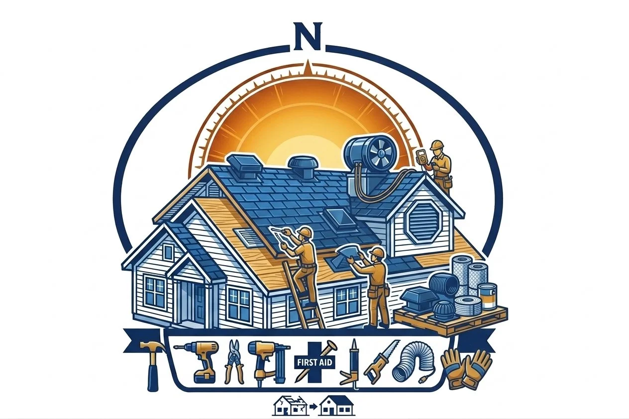 Illustration of workers repairing a house roof with tools, safety gloves, and first aid supplies, with a sunset background and construction equipment.