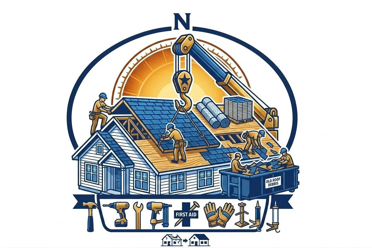 Illustration of workers repairing an old roof, with a crane lifting roofing materials and tools like hammers, drills, and gloves at the bottom, in a construction scene.