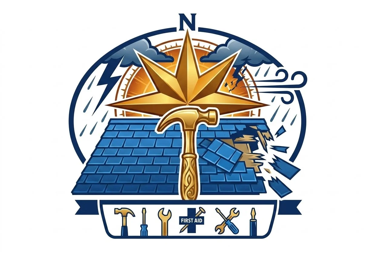 A logo featuring a gold hammer, a shattered blue roof, dark clouds with lightning, rain, and a person climbing a ladder. The bottom has icons of a hammer, wrench, scissors, a 'First Aid' sign, a screwdriver, and a knife.