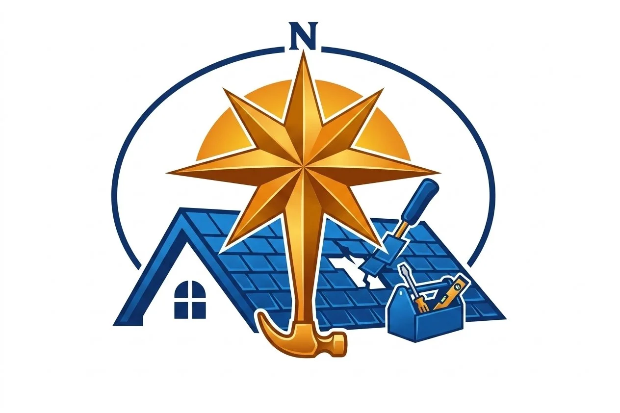 A logo featuring a house with a blue shingled roof, a toolkit with tools, a pirate's hook, and a large golden compass with an orange sun behind it, with a circular outline and the letter 'N' at the top.