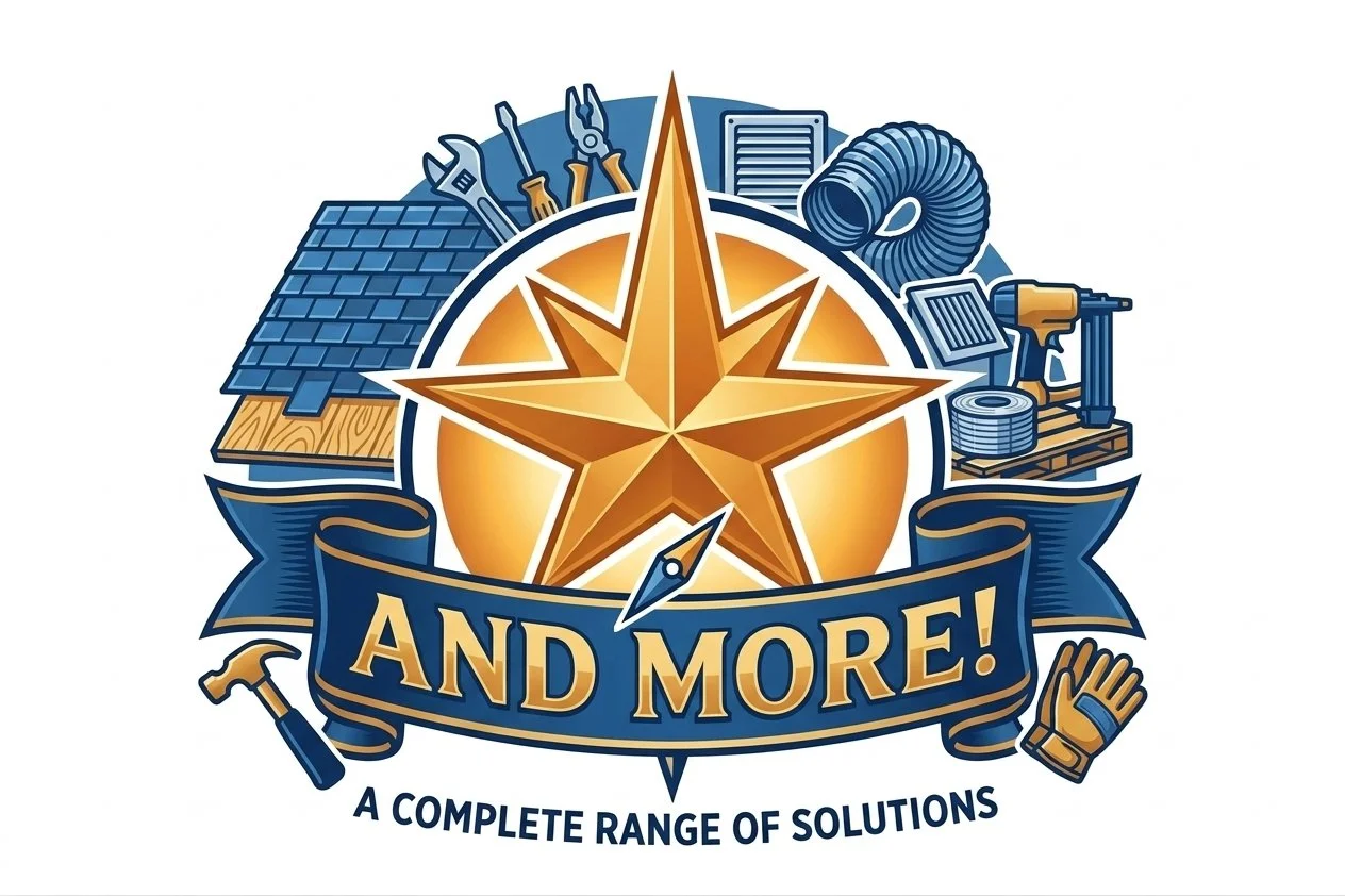 Logo with a gold compass star in the center, surrounded by construction and repair tools, a house roof, a ventilation pipe, and a drill. A blue ribbon below reads "AND MORE!" with the phrase "A COMPLETE RANGE OF SOLUTIONS" underneath.