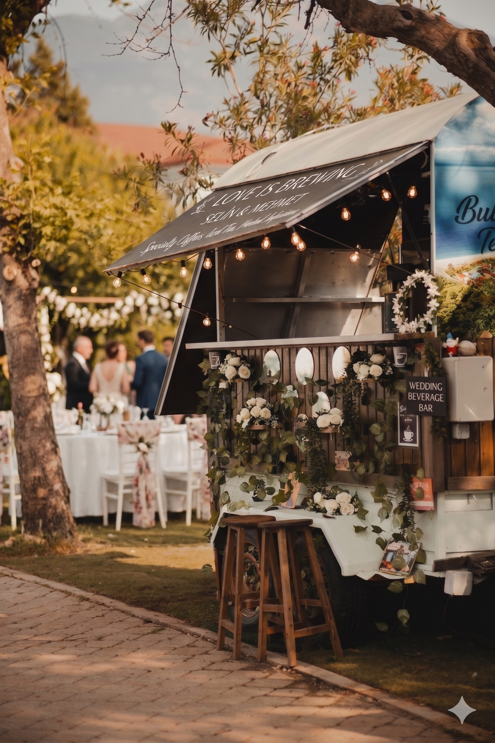 A food and beverage cart decorated with white flowers and greenery at an outdoor wedding reception. In the background, there are blurred guests in formal attire dining at tables decorated with white linens and floral arrangements. The scene is set during spring or summer, with trees and warm lighting.