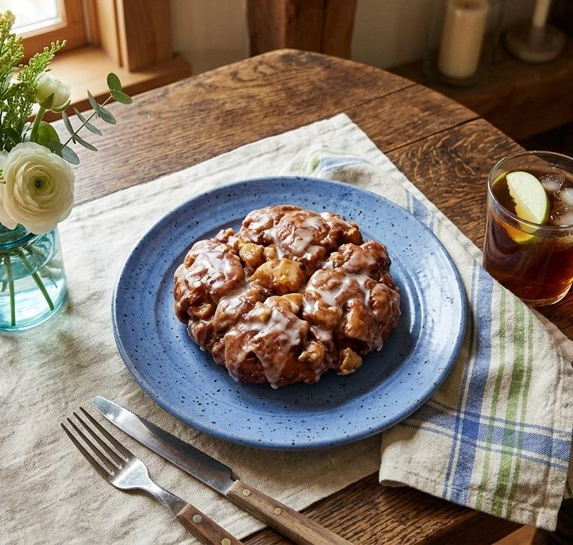 A plate of cinnamon rolls with glaze on a wooden table, beside a glass of cola with lemon and ice, and a small flower arrangement in a green jar.
