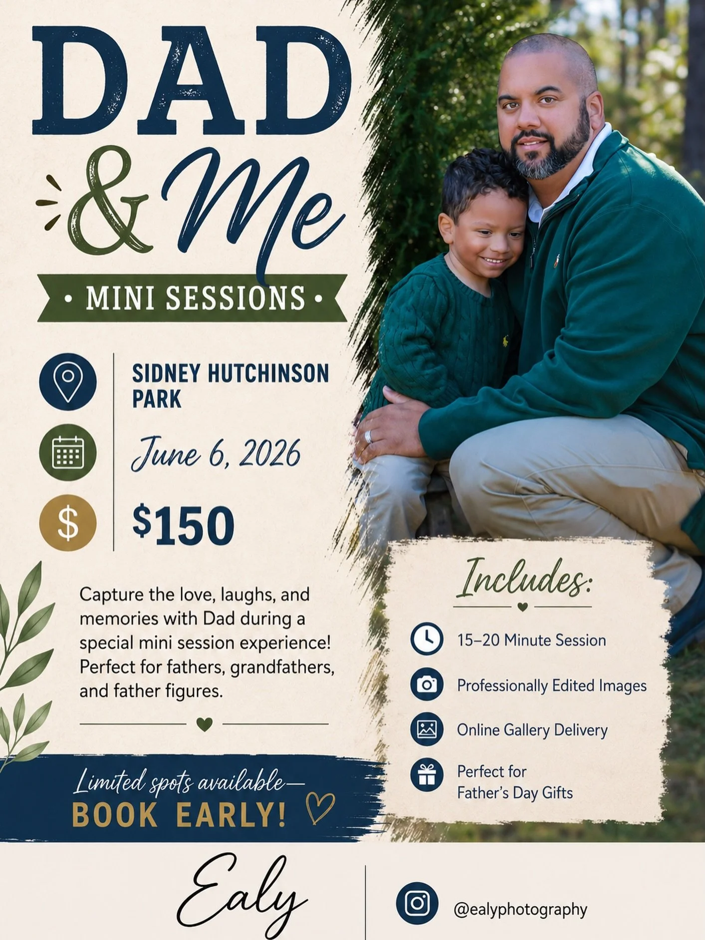 DAD &amp; ME MINI SESSIONS ARE HERE! 💙

Celebrate the special bond between dads and their little ones with a timeless photo session at Sidney Hutchinson Park!

🗓 June 6, 2026
📍 Sidney Hutchinson Park - Walker, LA
💵 $150

Session Includes:
✨ 15&nd