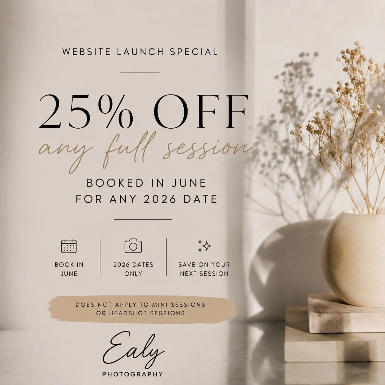 WE&rsquo;RE CELEBRATING THE WEBSITE LAUNCH! 🎉📸

To celebrate the official launch of the new Ealy Photography website, I&rsquo;m offering 25% OFF any full session booked during the month of June for any 2026 session date!

Whether you&rsquo;re plann