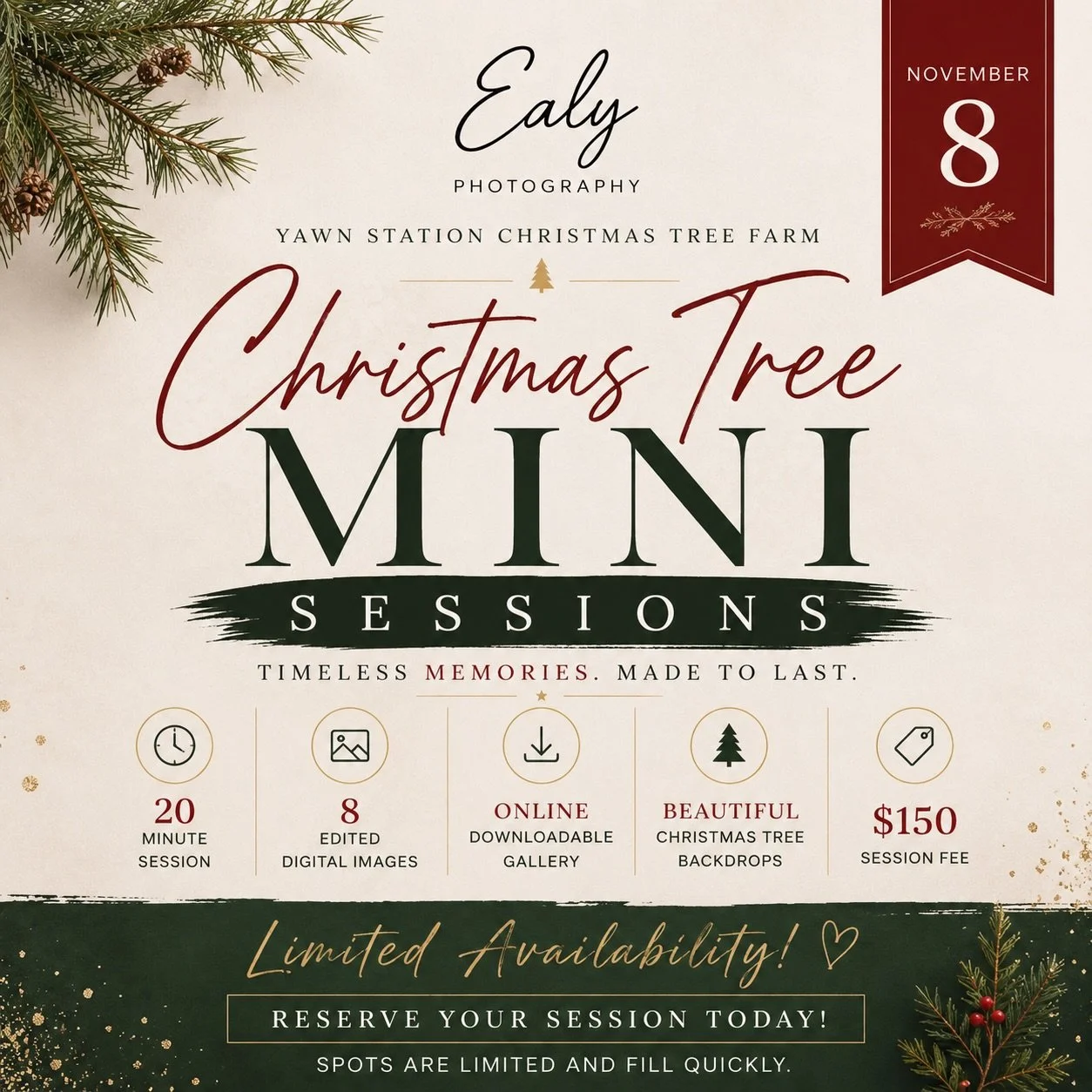 🎄✨ Christmas Tree Mini Sessions are coming! ✨🎄

It&rsquo;s officially time to start planning those Christmas cards, family photos, and holiday memories. ❤️

Join me at Yawn Station Christmas Tree Farm on November 8 for a cozy, festive mini session 