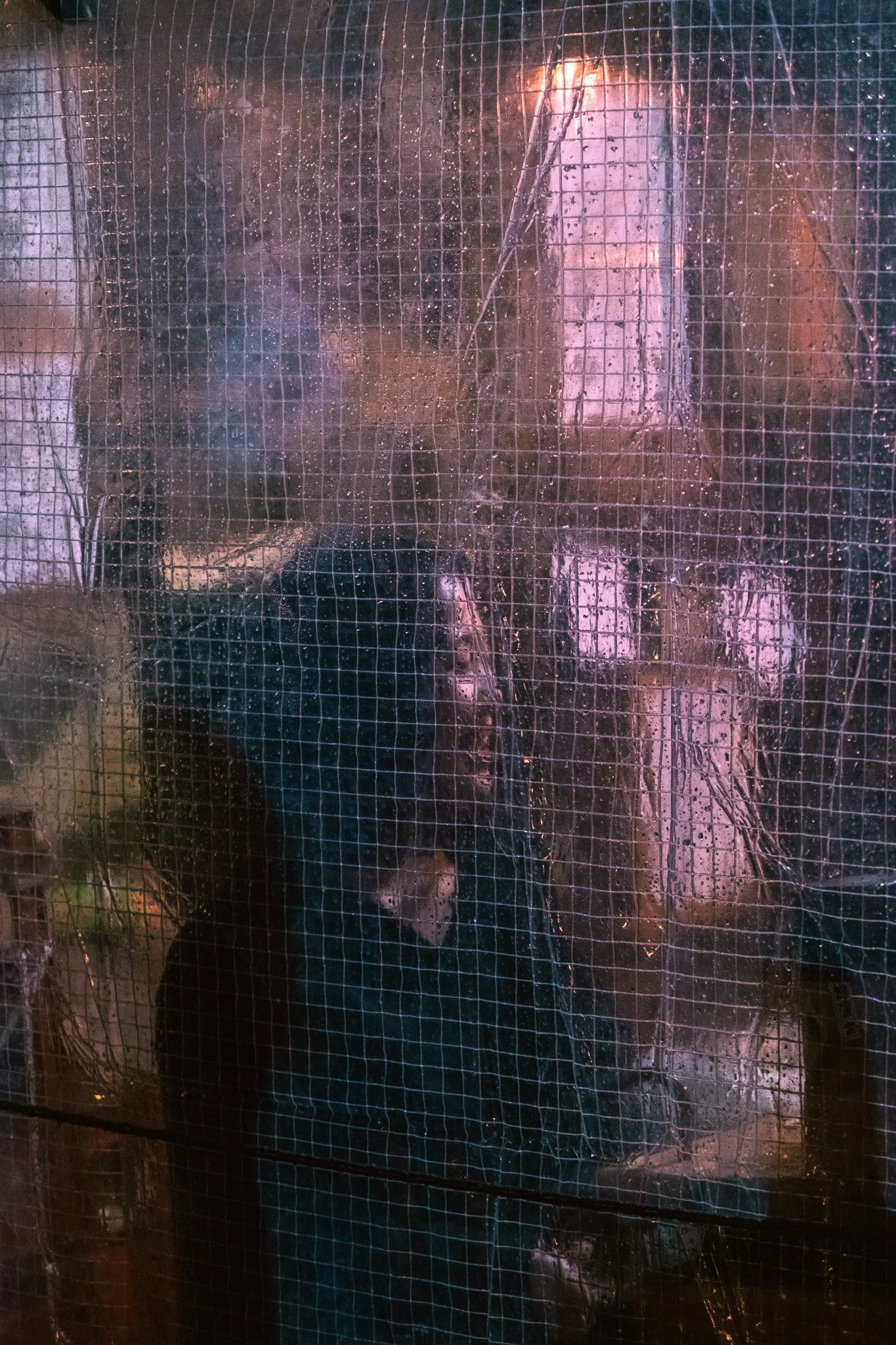 Silhouettes behind wet plastic curtains in a Tokyo restaurant.