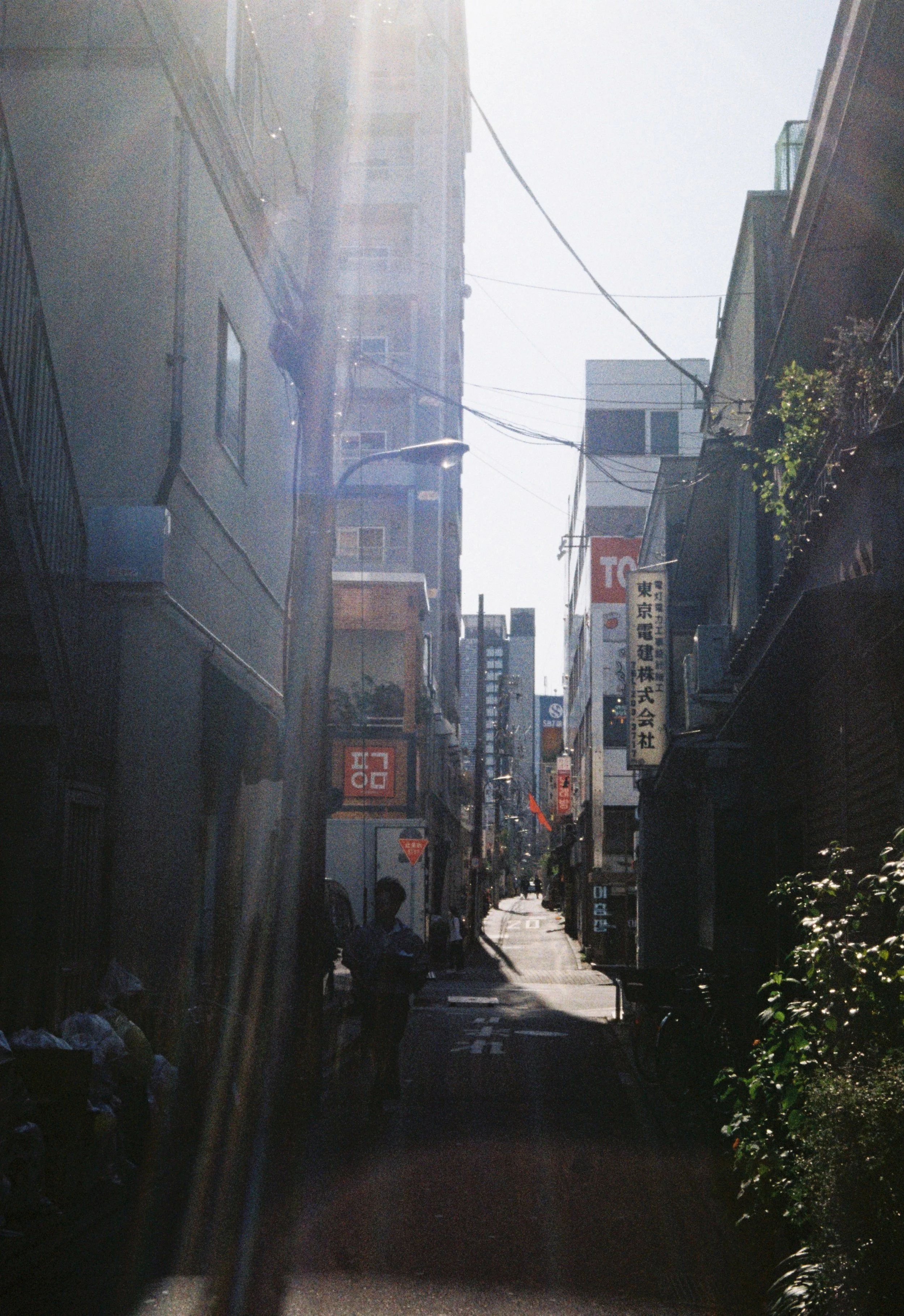 Quiet Japanese alleyway with dramatic sunlight photographed on analog film.