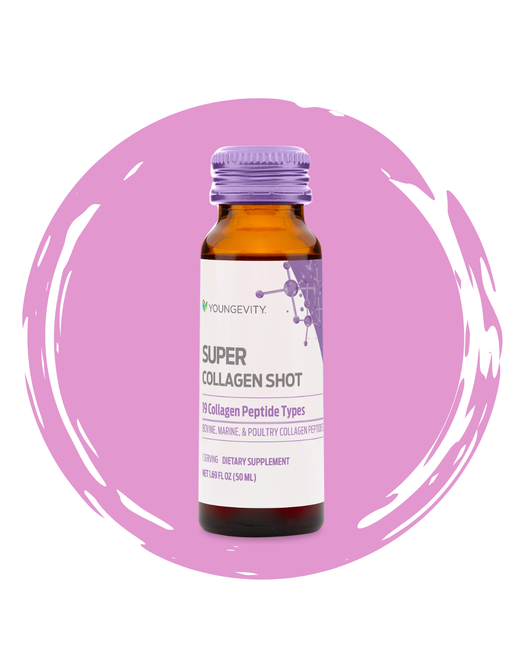 A small brown glass bottle labeled 'Super Collagen Shot' by Youngevity, containing 50 milliliters of dietary supplement, with a pink background and a purple screw cap.