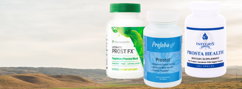 Three bottles of dietary supplements on a grassy landscape with hills and cloudy sky in the background. Men's Hormone and Health Support