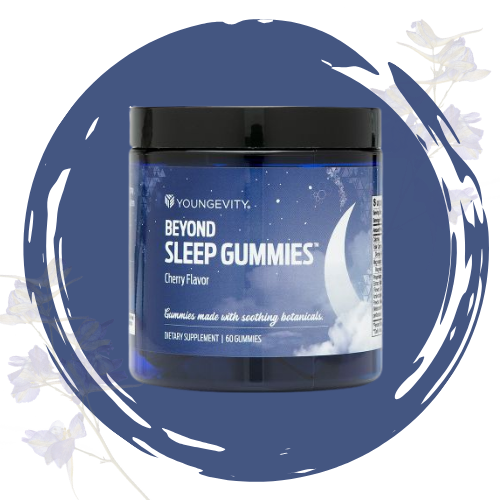 Blue container of Youngevity Beyond Sleep Gummies with cherry flavor, surrounded by lavender flowers.