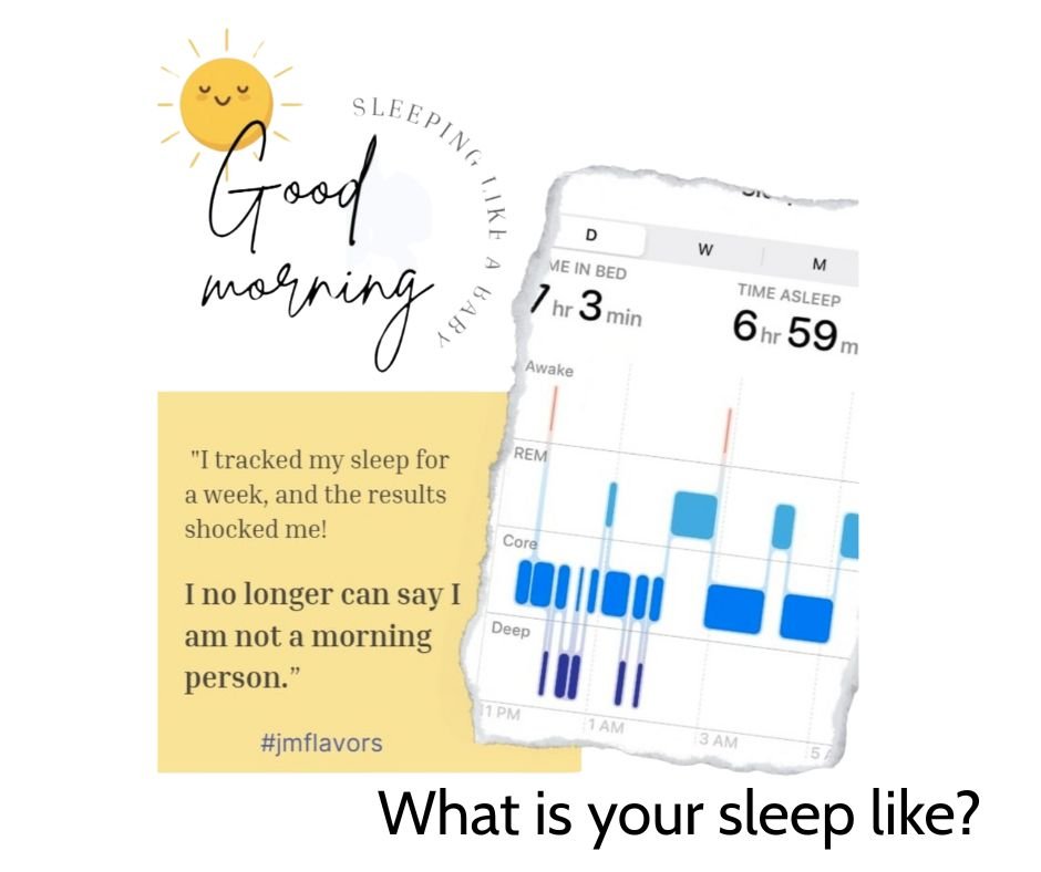 A graphic with a cartoon sun and the words "Good morning" and "Sleeping like a baby". A tear-off tab shows sleep data: 1 hour 3 minutes in bed, 6 hours 59 minutes asleep, with bar graphs indicating sleep stages. A yellow quote box says, "I tracked my sleep for a week, and the results shocked me! I no longer can say I am not a morning person." The hashtag #jmflavors appears. The question at the bottom asks, "What is your sleep like?"