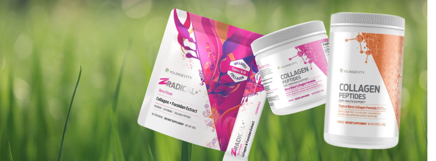 Fresh green grass with three dietary supplement containers and a box of Younggevity Radicall collagen and Fucoidan Extract displayed outdoors.