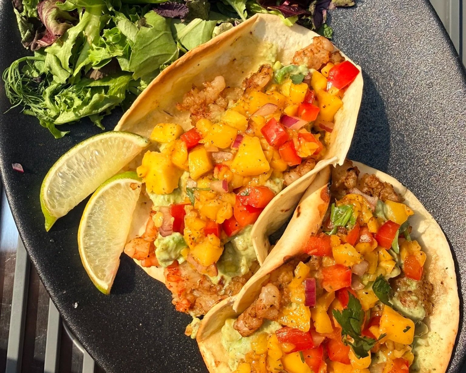 Smashed Shrimp Tacos with Mango Salsa &amp; Guacamole 