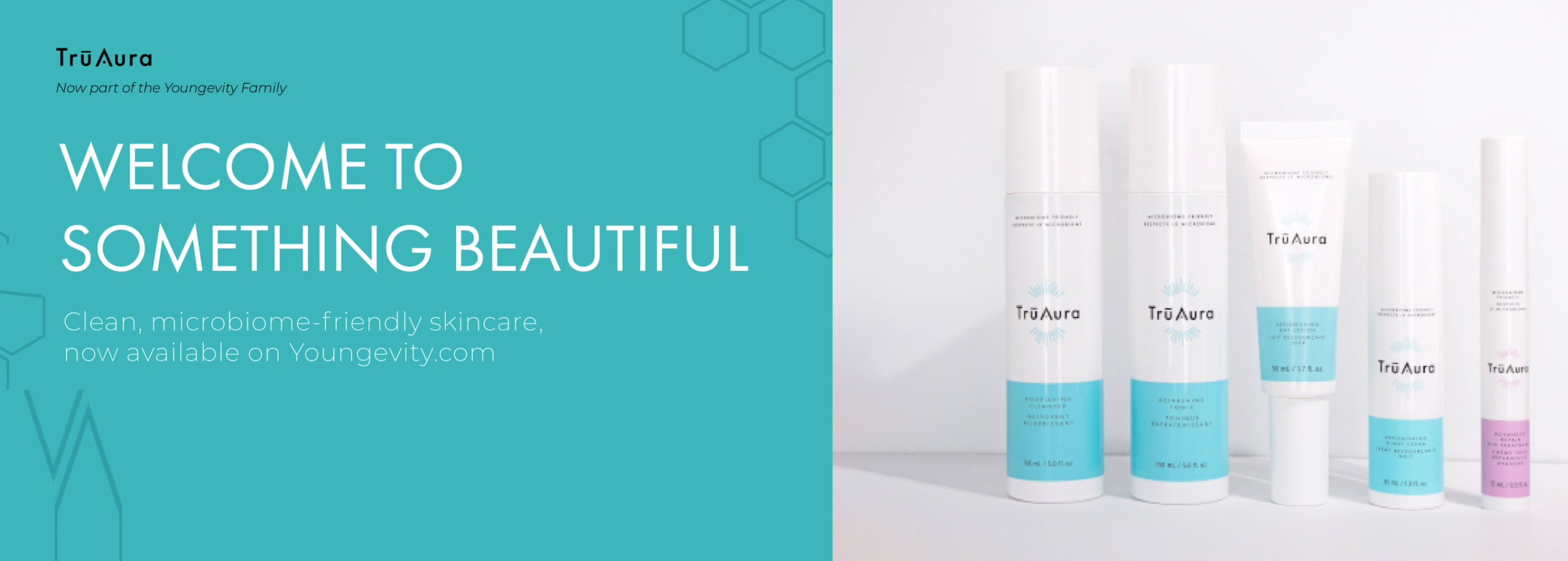 A digital graphic promoting TrüAura skincare products, featuring a teal background with white text and hexagon designs, alongside an image of various skincare tubes and bottles in white with teal and pink accents.