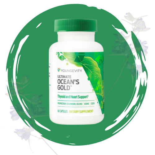 A bottle of Youngevity Ultimate Ocean's Gold dietary supplement with iodine and copper, designed to support thyroid and heart health.