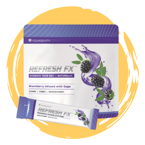 Box and packet of Youngevity Refresh FX natural blackberry and sage flavored drink mix with blackberries and sage leaves on packaging.