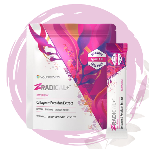 A box and a packet of Younggevity ZRADICAL+ dietary supplements with berry flavor, collagen, and fucoidan extract, showcasing colorful abstract artwork and product information.