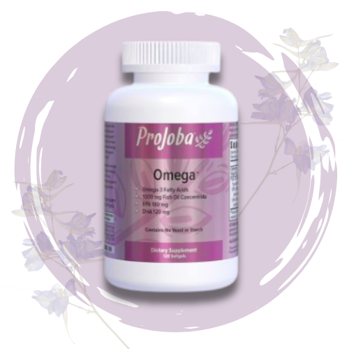 Bottle of Projoba Omega dietary supplement with a purple label on a purple background, decorated with purple and gold flowers.