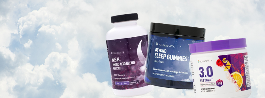 Three bottles of dietary supplements and gummies against a cloudy sky background.