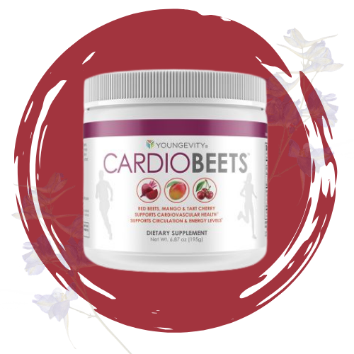 A container of Youngevity Cardio Beets dietary supplement with red beets, mango, and tart cherry flavor, on a red circular background with purple flowers around it.