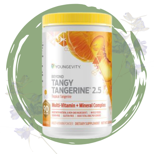 Container of Youngevity Beyond Tangy Tangerine 2.5 with orange flavor, labeled as a multi-vitamin and mineral supplement.