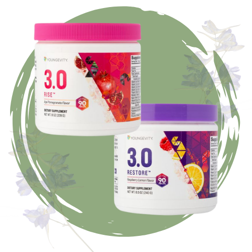 Two containers of Youngevity 3.0 dietary supplements, one labeled 'RISE' with pomegranate flavor and the other labeled 'RESTORE' with lemon and raspberry flavor, surrounded by lavender flowers.