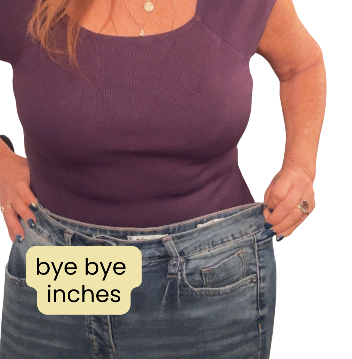 Woman in purple shirt and jeans showing waistline just below the four-inch mark, with a speech bubble reading 'bye bye inches'.