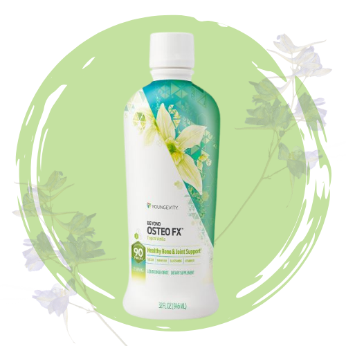 Bottled supplement labeled 'Beyond Osteo FX' with a white cap and a floral design on the label, placed against a light green background with purple and green flowers.