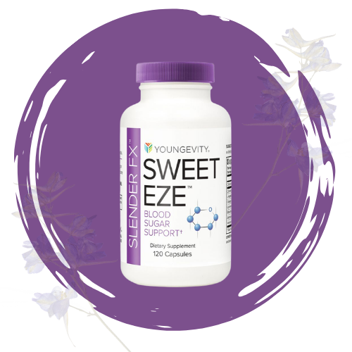 A white bottle of Youngevity Sweet Eze dietary supplement with purple cap, label indicating blood sugar support, placed on a purple background with lavender flowers.