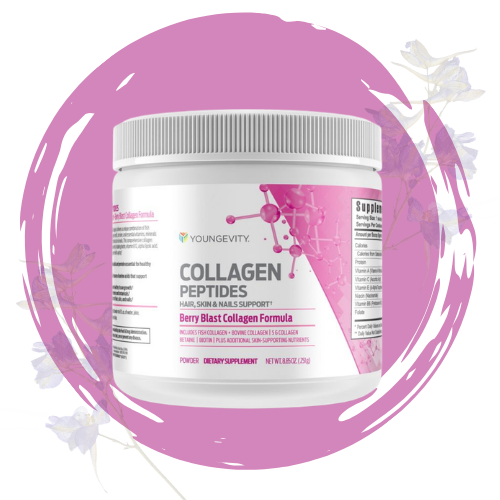 Container of Youngevity Collagen Peptides supplement with pink and white label surrounded by purple flowers